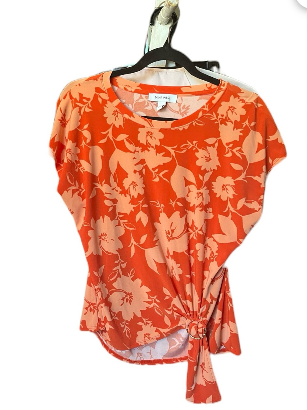 Nine West Orange and Peach Floral Side-Tie Short Sleeve Top with gold accents